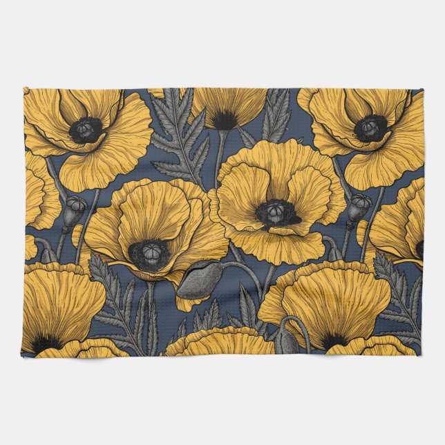 Yellow poppies on navy tea towel (Horizontal)