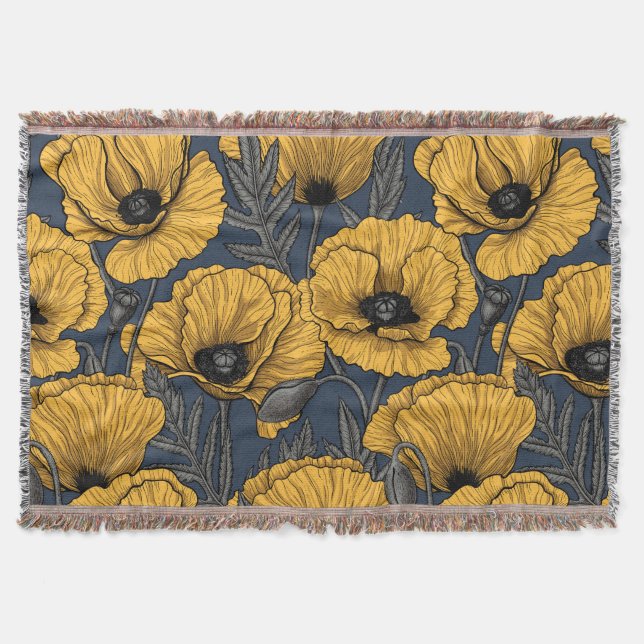 Yellow poppies on navy throw blanket (Front)