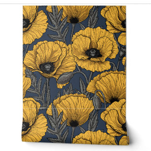 Yellow poppies on navy wallpaper