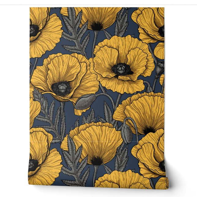 Yellow poppies on navy wallpaper (Unrolling)