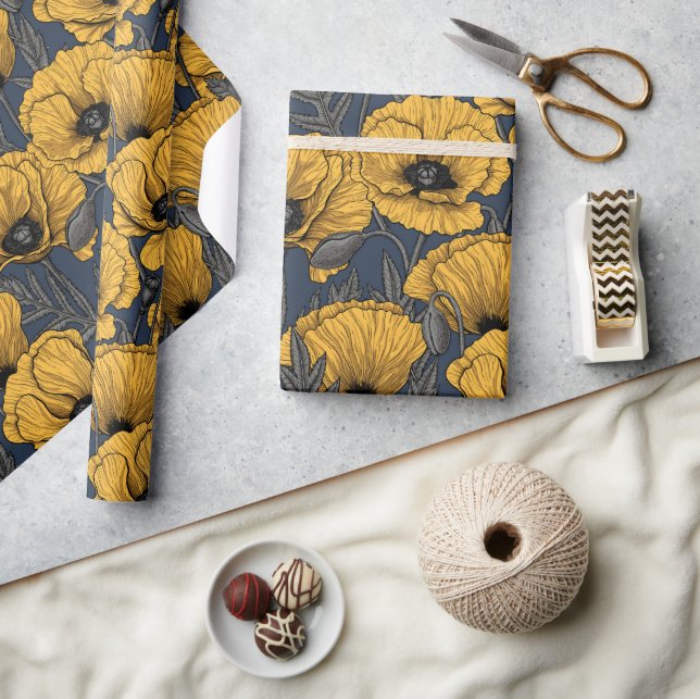 Yellow poppies on navy wrapping paper (Crafts)