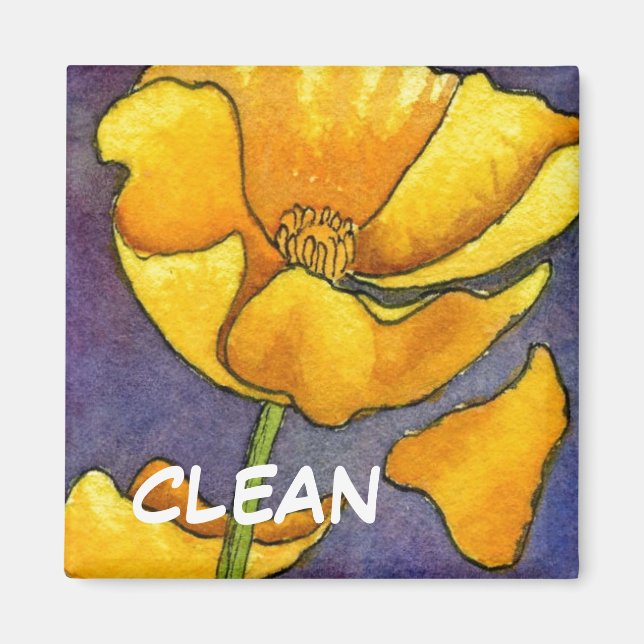 "Yellow Poppy" Clean Dishwasher Status Magnet (Front)