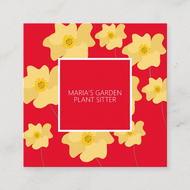 Yellow Poppy Floral Garden Plant Sitter Red Square Business Card (Front)