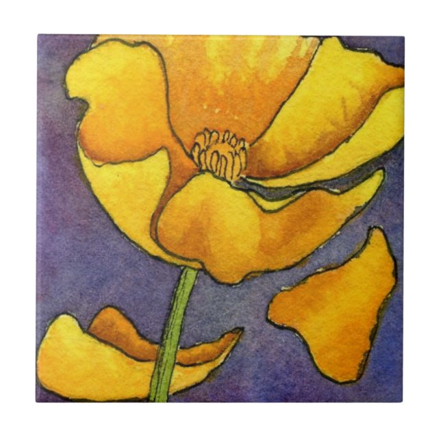 "Yellow Poppy" Kitchen Garden Ceramic  Tile (Front)