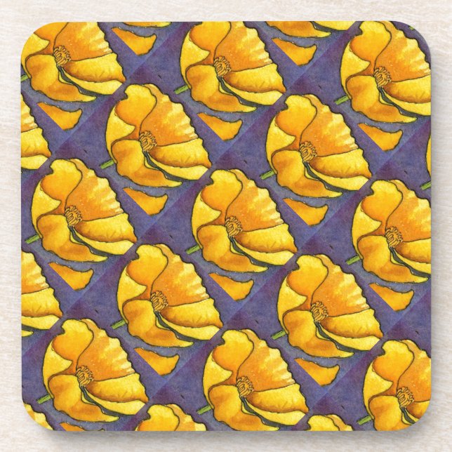 "Yellow Poppy Tiled Pattern" Floral Coaster Set (Front)
