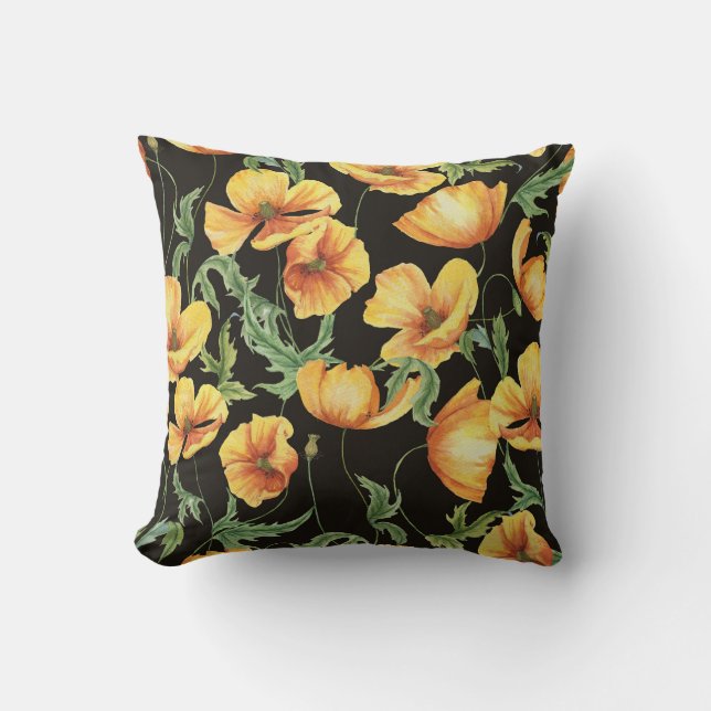 Yellow Poppy Watercolor Floral Pattern Cushion (Front)