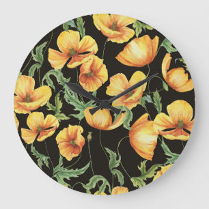 Yellow Poppy Watercolor Floral Pattern Large Clock