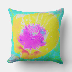 Yellow Poppy with Hot Pink Centre on Turquoise Cushion