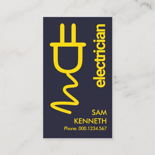 Yellow Power Plug Minimalist Blue Electrician Business Card (Front)