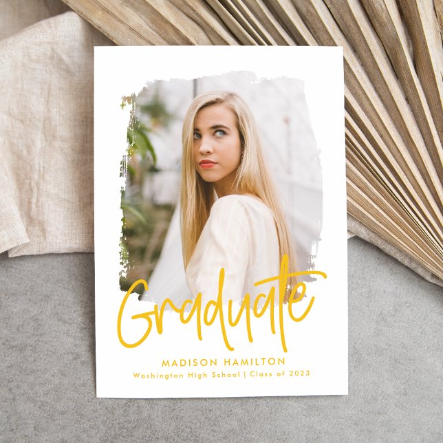 Yellow | Preppy Script Photo Graduation Announcement (Creator Uploaded)