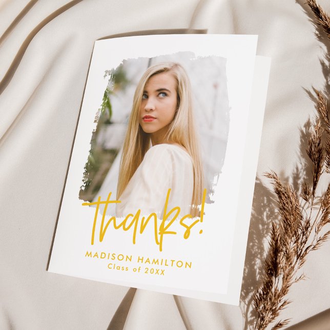Yellow | Preppy Script Photo Graduation Thank You Card (Creator Uploaded)