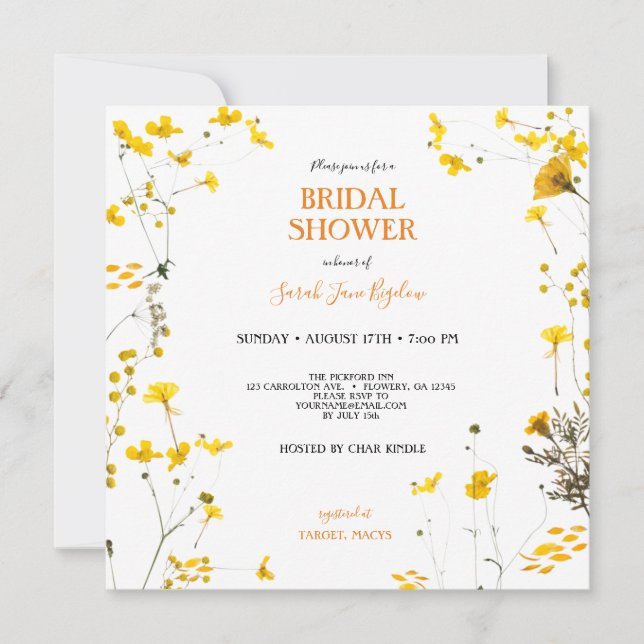 Yellow Pressed Wildflower Boho Bridal Shower Invitation (Front)