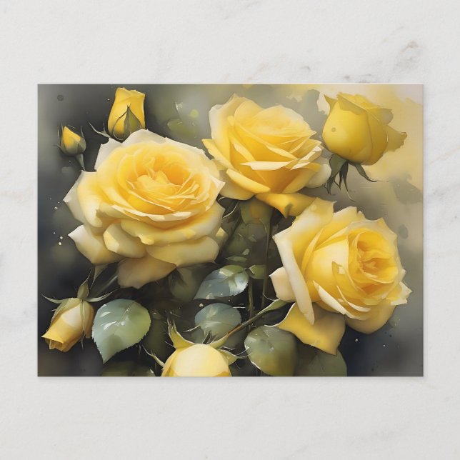 Yellow pretty roses garden watercolor painting postcard (Front)