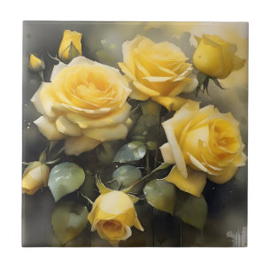 Yellow pretty roses garden watercolor painting tile