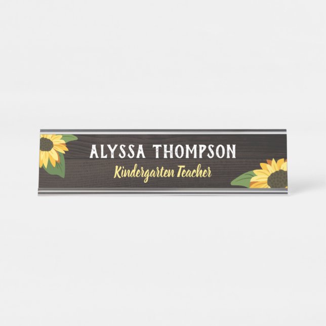 Yellow Pretty Sunflowers Rustic Wood Name Teacher Desk Name Plate (Front)