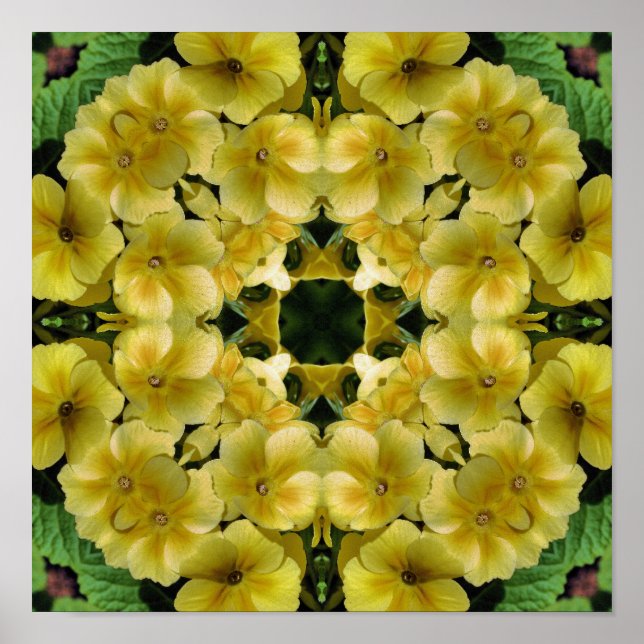 Yellow Primrose Flower Kaleidoscope Art Poster (Front)