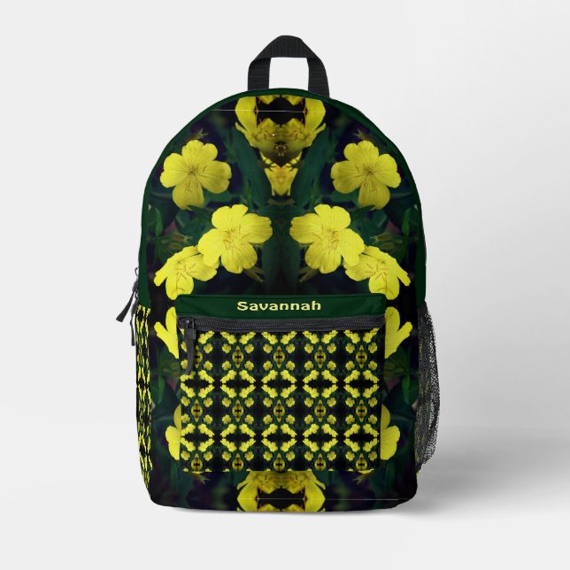 Yellow Primrose Flowers Abstract Personalised Printed Backpack (Front)