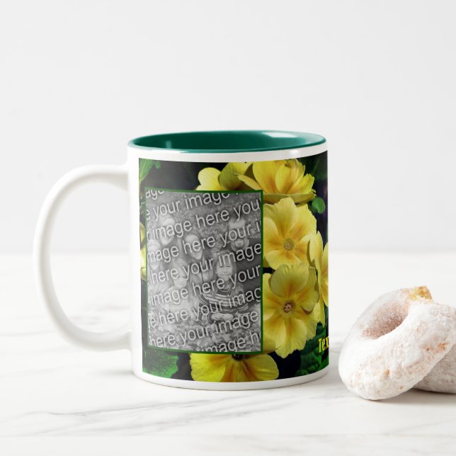 Yellow Primrose Flowers Add Your Photo  Two-Tone Coffee Mug (With Donut)