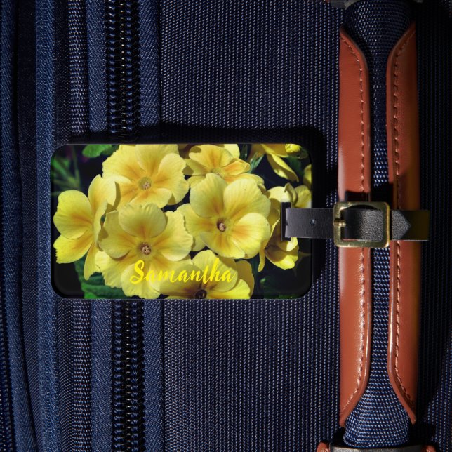 Yellow Primrose Spring Flowers Personalised Luggage Tag (Front Insitu 4)