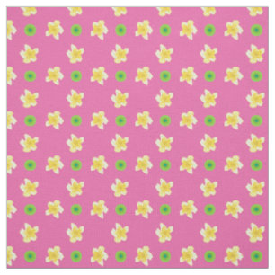 Yellow Primroses Green Polka Dots on Pink Fabric