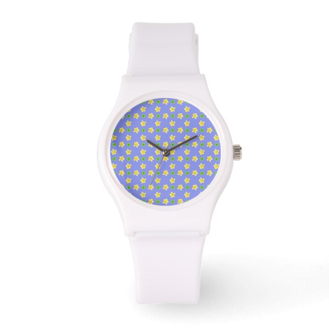Yellow Primroses, Green Polkas on Violet Blue Watch (Front)