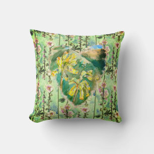 Yellow Primula Heart  and Pink Hollyhocks Pattern Cushion