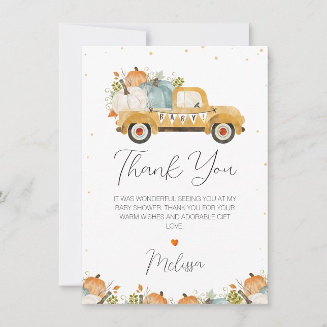 Yellow Pumpkin Truck Baby Shower Thank You Card (Front)