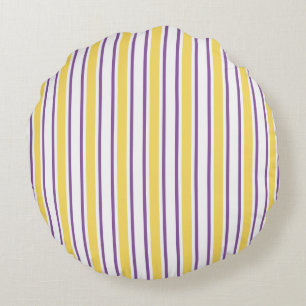 Yellow, purple and white candy stripes round cushion