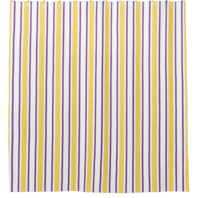 Yellow, purple and white candy stripes shower curtain (Front)