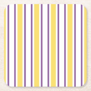 Yellow, purple and white candy stripes square paper coaster