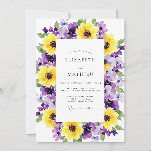 Yellow Purple Artistic Bloom Wedding Invitation (Front)