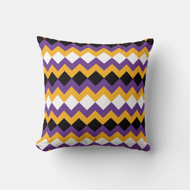 Yellow, Purple, Black and White Zigzag Chevron Cushion (Front)