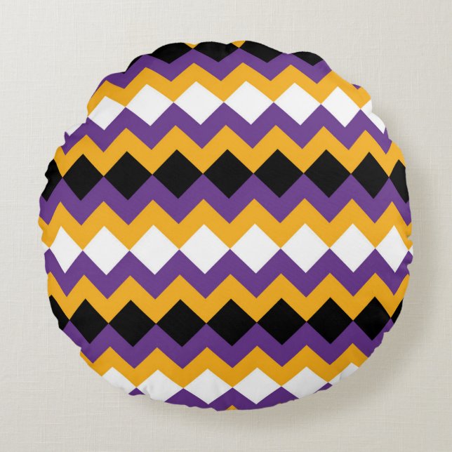 Yellow, Purple, Black and White Zigzag Chevron Round Cushion (Front)