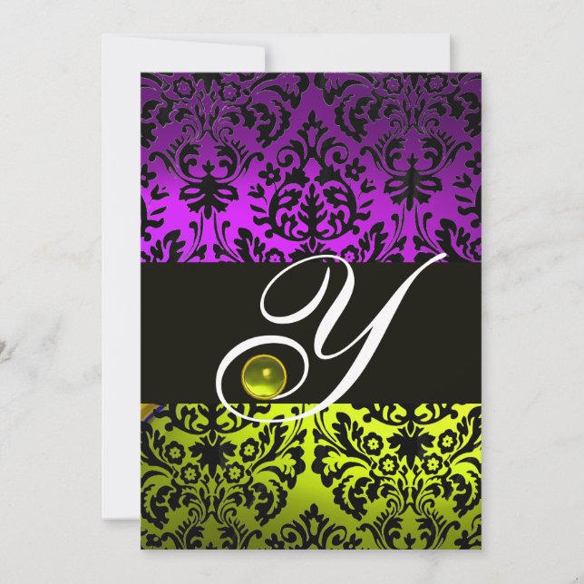 YELLOW PURPLE BLACK DAMASK MONOGRAM TOPAZ INVITATION (Front)