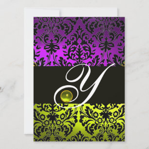 YELLOW PURPLE BLACK DAMASK MONOGRAM TOPAZ INVITATION