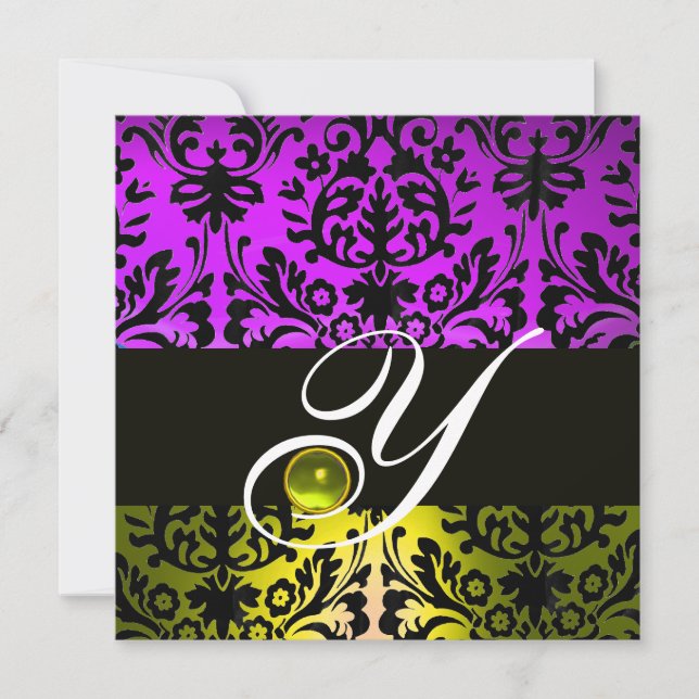 YELLOW PURPLE BLACK DAMASK MONOGRAM TOPAZ INVITATION (Front)
