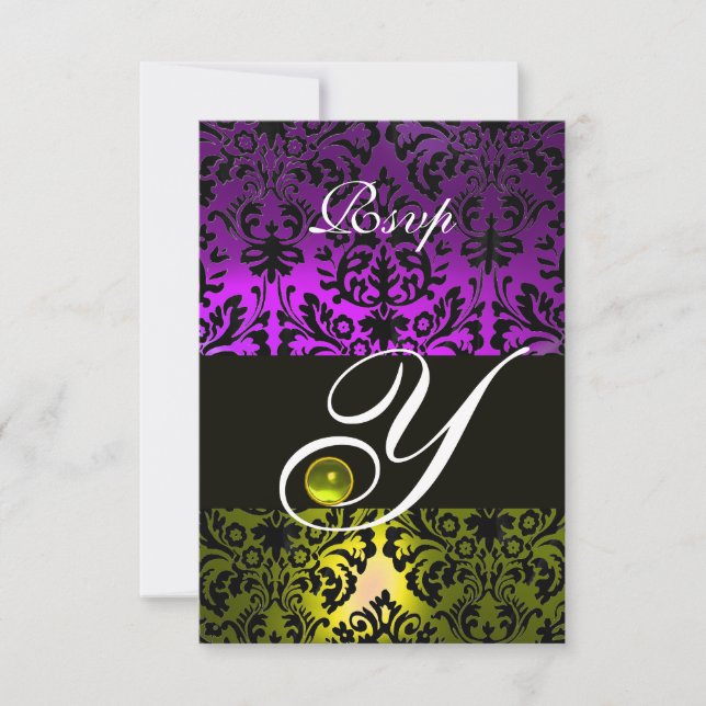 YELLOW PURPLE BLACK DAMASK MONOGRAM TOPAZ RSVP CARD (Front)