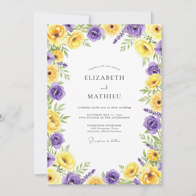Yellow Purple Bloom Romantic Wedding Invitation (Front)
