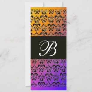 YELLOW PURPLE BLUE BLACK  DAMASK MONOGRAM ,white Invitation