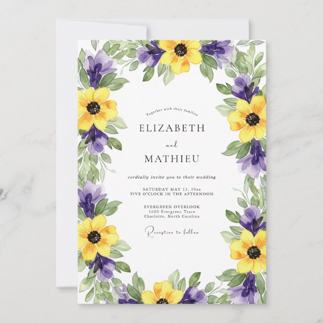 Yellow Purple Botanical Romantic Wedding Invitation (Front)