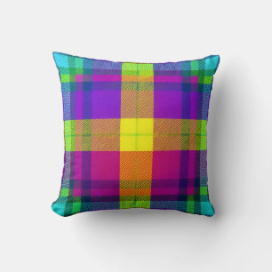 Yellow Purple Bright Colourful Plaid Cushion