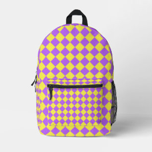 Yellow Purple Chequered Diamond Pattern Printed Backpack