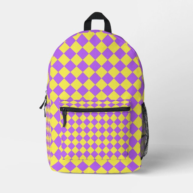 Yellow Purple Chequered Diamond Pattern Printed Backpack (Front)
