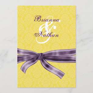 Yellow & Purple Damask & Bow Wedding Invitation