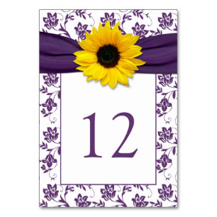 Yellow Purple Damask Sunflower Ribbon Wedding Table Number