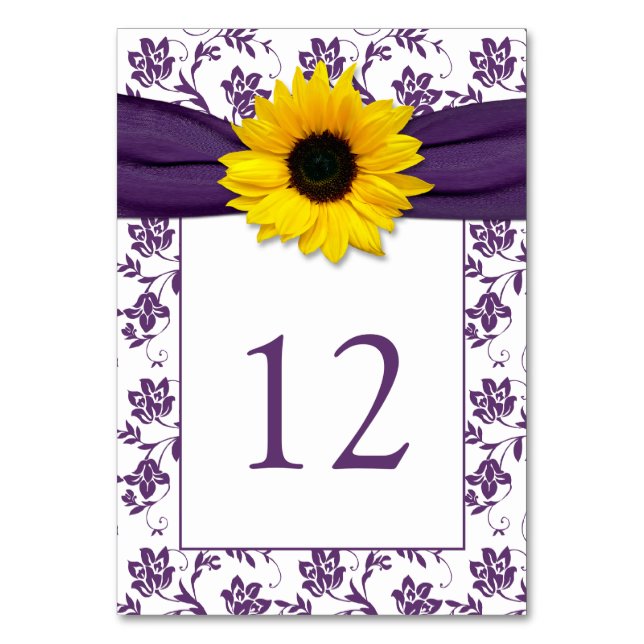 Yellow Purple Damask Sunflower Ribbon Wedding Table Number (Front)