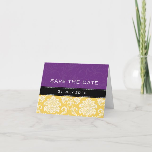 Yellow Purple Damask Wedding Save The Date Announcement (Front)