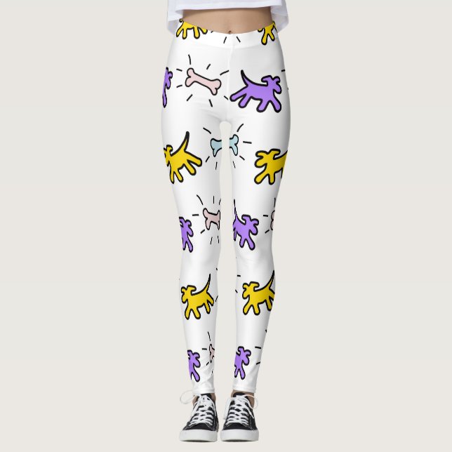 Yellow Purple Dog Bone Graffiti Style leggings 1 (Front)