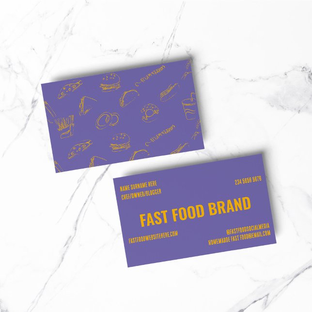 Yellow Purple Fast Food Burger Chicken Restaurant Business Card (BAKERY PASTRY CHEF COOK CAKE event planner business)
