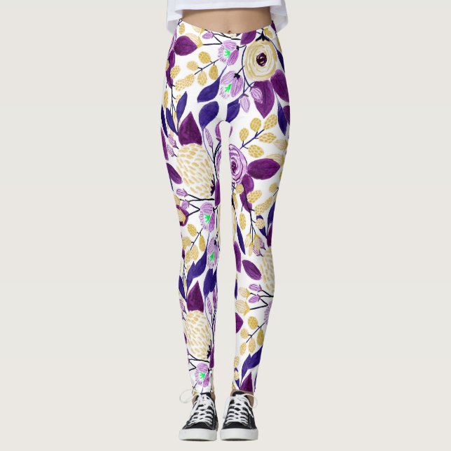 Yellow Purple Floral Bouquet Watercolor Pattern Leggings (Front)